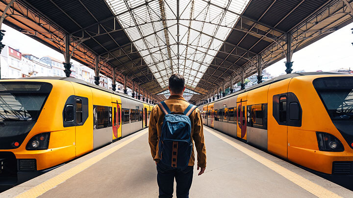 Person auf Bahnsteig, mit zwei großen Zügen in der Nähe